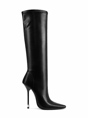 Black Pointed-Toe Knee-High Stiletto Boots